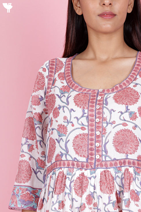 Mulmul Cotton Gathered Dress In Floral Block Print